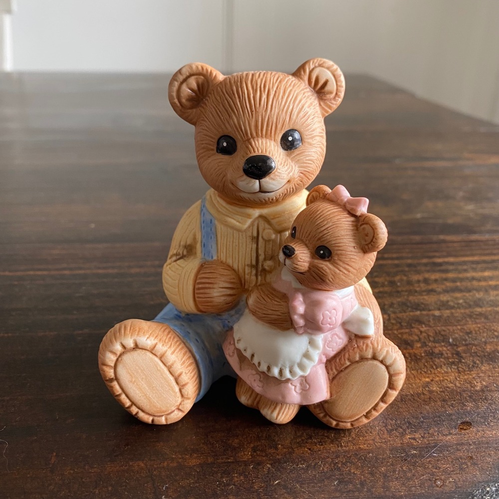 Vintage Ceramic Father and Baby Teddy Bear Figurine Blue Overalls 4 Inch 1444